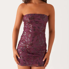 Hnewly Women Boho Sexy y2k Coquette Beaded Floral Tube Dress Slim Sparkly Sequins Off Shoulder Sleeveless Open Back Mini Bodycon Dress