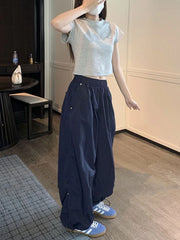 Hnewly Y2k Baggy Parachute Pants Women Vintage Wide Leg Pleated Cargo Trousers Joggers Casual Gray Oversized Summer Streetwear