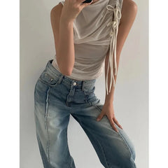 Hnewly Streetwear Folds Tank Tops Women Lace Up Sleeveless Tshirts Korean Fashion Chic Summer Mesh Casual Tanks Y2k