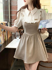 Hnewly DRESS TO IMPRESS Summer Patchwork Elegant Mini Dress Women Ruffles High Waist Sweet Casual Dress Female Korean Style Evening Party Dress Y2k