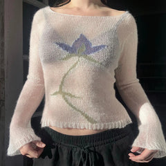 Hnewly Flower Long Sleeve Knitted Crop Tops Aesthetic See Through Sweater Tees 90s Vintage Y2k Gyaru Crop Tops Jumpers Cottage Clothes