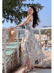 Hnewly Dresses Women Sleeveless Floral Printed Bandage Slash Neck French Style Summer Fashion Female Dress Holiday Casual