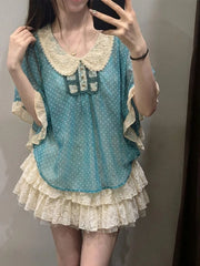 Hnewly Summer Y2k Aesthetic Two Pieces Set Wave Point Women Doll Collar Patchwork T-shirt + Lace Ruffled Sweet Mini Skirts Grunge Suit