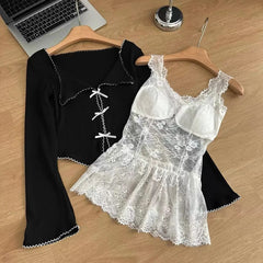 Hnewly spring birthday outfit Women Black T-shirt 90s Aesthetic Tees Top Harajuku Korean Y2k Vintage Long Sleeve Bow T-shirts 2000s Trashy Clothes