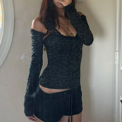 Hnewly Leopard Print Black T Shirt Women Lace Patchwork Full Sleeve Tee y2k Chic Off-shoulder Cropped Top Vintage 2000s Clothing