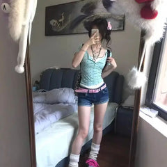 Hnewly Sweet All-match Fake Two Piece T-shirt for Women 2025 Summer New Tops Mujer Y2k E-Girl Slim Waist Short Sleeve Tee Shirt