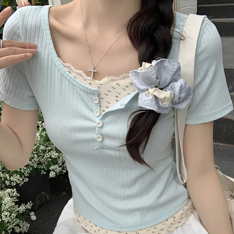 Chic Patchwork Short Sleeve T-shirts Women Spring Summer O-neck Slim Tee Shirt Sweet Woman Cute Short Tops