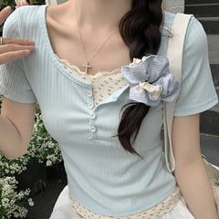 Chic Patchwork Short Sleeve T-shirts Women Spring Summer O-neck Slim Tee Shirt Sweet Woman Cute Short Tops