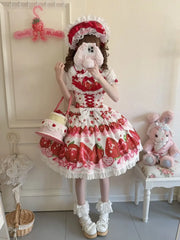 Hnewly Original Design Sweet Lolita JSK Dress Women Summer Cute Bow Strawberry Print Princess Strap Dresses
