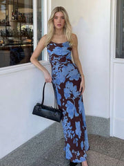 Hnewly Flower Print Patchwork Maxi Dress Women Sexy Backless Off Shoulder Sleeveless Vacation Beach Party Fashion Vestidos