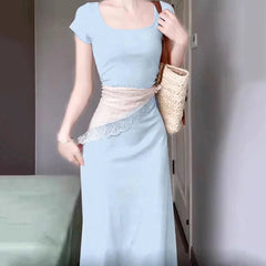 Hnewly Sexy Ruched Blue Bodycone Dress for Women Korean Solid O-Neck Maxi Dresses Woman Y2K Summer Short Sleeve Long Vestidos Mujer