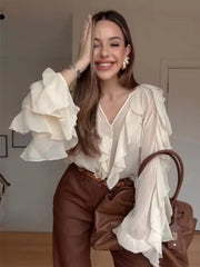 Hnewly Fashion Women Stacked Lotus Leaf Edge Blouse Casual Long Sleeve V Neck Mesh Sheer Loose Shirt New Style Female Commute Top