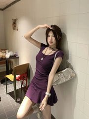 Hnewly New Women Slim Temperament Purple Black Mini Dress Sexy Summer Knit Waist Skirt Spice Girls Dresses Bodycon Dress High Quality