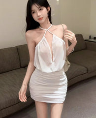 Hnewly Woman Dress Party Mesh Patchwork Hollow Out Sexy Slim Sleeveless Bandage Backless Halter Elegant Mini Dresses Ladies