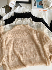 Hnewly Women T-Shirts Vintage Pleat Long SleeveTop Spring Autumn Mesh Fabric Lace Half Turtleneck Korean Fashion All-match Shirt