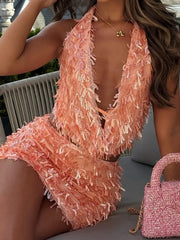 Hnewly Cutenew Shiny Tassel Women 2 Piece Set Summer Sexy Stunning Halter Swinging Neck Tanks+Matching Hip Skirts Female Club Outfits