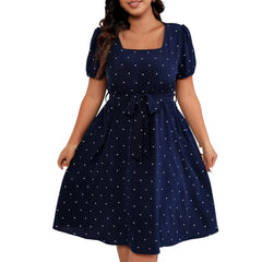 Hnewly Plus Size Ladies Elegant Retro Polka Dot Waist Tie Square Neck Dress Classic Fashion Summer Short Sleeve Vacation A-line Skirt