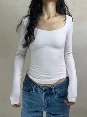 Hnewly Light Pink Cotton Long Sleeve T-shirt Woman Autumn U Collar Slim Tee Shirts Female Casual Simple Solid All-match Basic Tshirts
