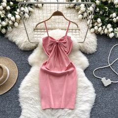 Hnewly NEW YEAR DRESS TO IMPRESS Sexy Backless Lace Solid Knitted Bow Summer Dress Women Black Mini Party Dress Bodycon Sheath night Club Outfits