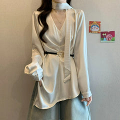 Hnewly Elegant Ladylike Style Satin Ribbon V-neck Shirt Spring Autumn New Fashionable Large-sized Stylish Belt-cinched Loose Top