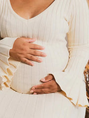 Hnewly Maternity Photoshoot Dress Knitted V-Neck Sleeve Pregnancy Gown Baby Shower Outfit Fall Autumn Winter Elegant Maxi Dress