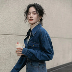 Hnewly Women Denim Shirt Long Sleeve Polo -Neck French Retro Spring Autumn New Korean Style Slim Washed Denim Coat Femal Casual Shirt