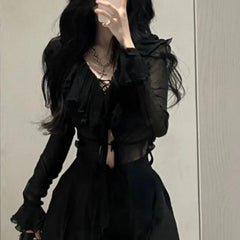 Hnewly 2025 spring fashion trend Fashion V-neck Ruffles Black Long Sleeve Cardigan Mujer+ Y2k High Waist Loose Wide Leg Pants Summer New Two Piece Sets