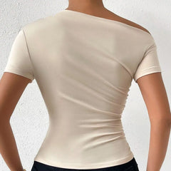 Hnewly Solid One Shoulder T-shirt, Elegant Short Sleeve Ruched Top For Spring & Summer, Women's Clothing