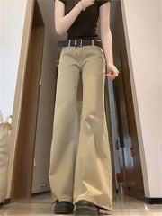 Hnewly Women's Khaki Bootcut Jeans - Low Rise Flared Trousers 90s Vintage Wide Leg Denim Pants Casual Streetwear Y2K Fashion