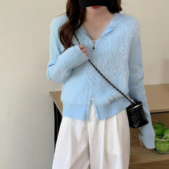 Hnewly Fuzzy Sweater Hoodie Zip-Up Mohair-Knit Cardigan Women Long Sleeve Hooded Crop Top Knitwear Fall Winter Teen-girl Y2K Outfit