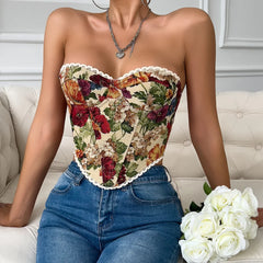 Hnewly sweet floral print lace-up Chic off shoulder Camis Slim Korean Tanks Top Elegant Basic Crop Top summer Women Bustier