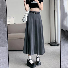 Hnewly Black Gray High Waist Jk Long Skirts Women Preppy Style with Belt Suit Pleated Skirt Woman Korean Fashion A Line Midi Skirt