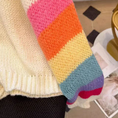 Hnewly Rainbow Striped Knitted Cardigan for Women Teen-girl Cozy Soft Mohair Button Front Sweater Jacket Winter Autumn Y2K Outfit