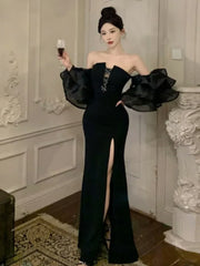 Hnewly DRESS TO IMPRESS Elegant Party Dress Women High End Lantern Sleeve Strapless High Waist Split Long Dresses Korean Fashion Slim Vestidos