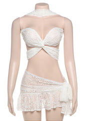 Hnewly Sexy See Through 2 Piece Set Women Halter Cross Low-Neck Bandages Mini Tops+Ruched Lace-Up Skirts Y2K Style Outfits