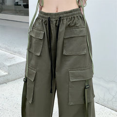 Hnewly Cotton High Street Cargo Pants for Women Men with Ribbon High Waist Wide Leg Hip-hop Cool Dances Pants Ladies