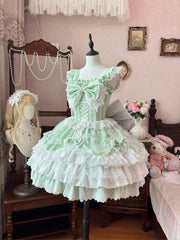 Hnewly Lolita Large Size Dresses Set JSK Girl's Woman's Slim Fit Elegant Sweet Bow Lace Stitching Dress Princess Birthday Party Dress