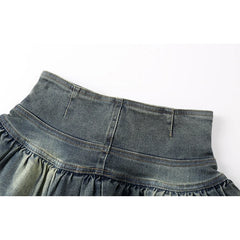 Hnewly Summer Women Ballet Core Y2k Mini Denim Skirt Harajuku Japanese Preppy 2000s Grunge E-girl Gyaru Coquette Kpop Ruffle Design