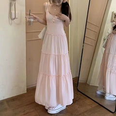 Hnewly Pink Cute Midi Dresse Sweet Ruffle Casual Elegant Chic Beach Long Spaghetti Strap Button Holiday Gentle Dress Fairycore