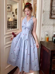 Hnewly Stripe Print Halter Neck Dress Women Summer Sexy Backless Bow Female Midi Dress Y2K Sweet Lace Patchwork Midi Vestidos Mujer