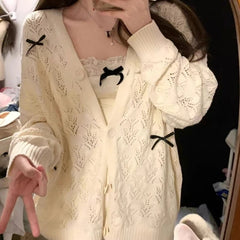 Hnewly Coquette Cardigan Sweater Woman Kawaii Bow Hollow Out Knitted Tops Korean Fashion Sweet Preppy Cute Aesthetic Solid