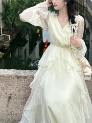 Hnewly French Fairycon Ruffles Dresses For Women's 2025 New Summer Fashion V-Neck White Long Puff Sleeve Dress Holiday Beach Vestiods