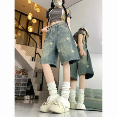 Hnewly American Retro Washed Vintage Star Denim Shorts Y2k Straight Loose Wide Leg Pants New All-match Five-point Pants