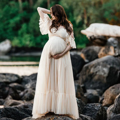 Hnewly Maternity Dress For Photo Shoot Dress Elegant Chiffon Two-Piece Dress With Adjustable Back Straps Short Top And Mesh Lace Skirt
