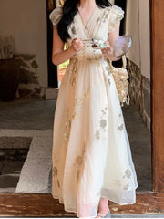 Hnewly French Vintage V-Neck Midi Dress Female Casual Even Party Clothing Summer Retro Elegant One Piece Dress Korean 2000s Y2k