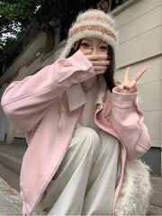 Hnewly Pink Faux Suede Jacket Women Sweet Long Sleeve Vintage Streetwear Baseball Coat Fall Casual Retro American Y2K Lady Outwear