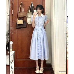 Hnewly Woman Dress Striped Turn Down Collar Patchwork Ruffles Single Breasted Short Sleeve Summer Fashion Female Dresses Casual