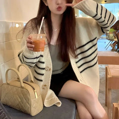 Hnewly Women Cardigan Sweater Striped V-neck Button-up Sweater Jacket Comfy Cozy Slouchy Cardi Autumn Winter Casual Outfit