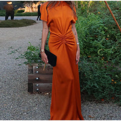 Hnewly Fashion Satin Pleated Long Party Dress Women Elegant Lace Up Backless Backless Dresses Spring Lady Solid Evening Gowns