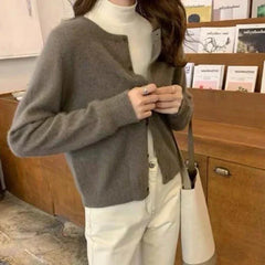Hnewly Cold Weather Outfits Fall Solid Color Knitted Cardigan Women Korean Single Breasted Long Sleeve Jumper Woman Round Neck All Match Sweater Outwear Top